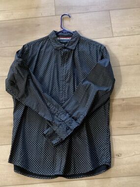 Signature Studio Black Button-Down Shirt with White Dot Print